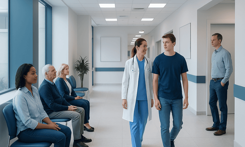 Healthcare professionals and patients in a hospital corridor.