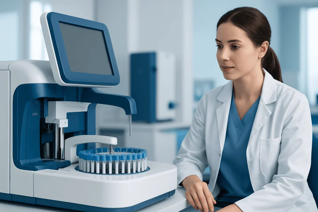 Laboratory technician with medical equipment in a clinical setting.