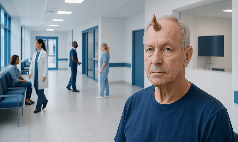 Older man with a horn-like growth on his forehead in a hospital corridor.