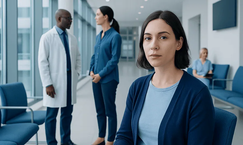 Young woman with dark hair in a hospital waiting area, looking at the camera.