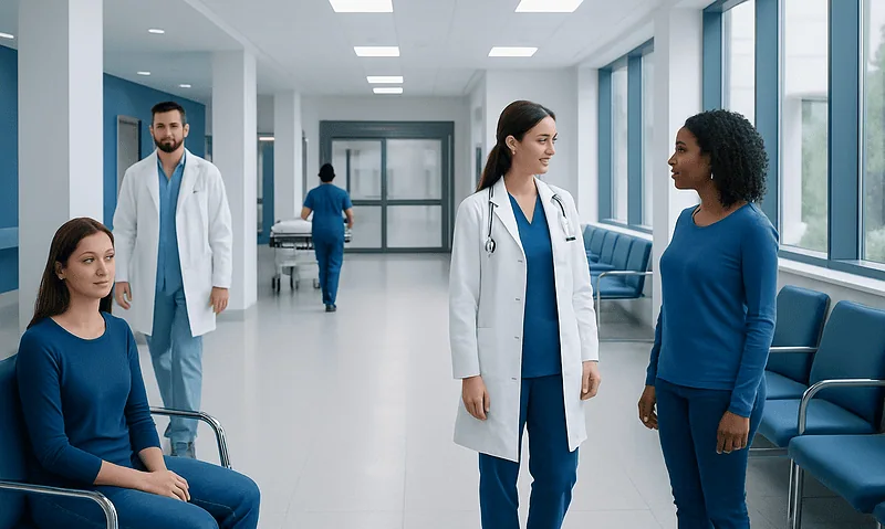 Medical staff and patients in a modern hospital corridor.