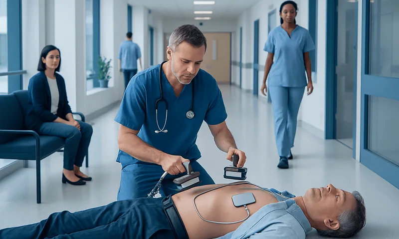Medical team preparing defibrillator in hospital corridor.