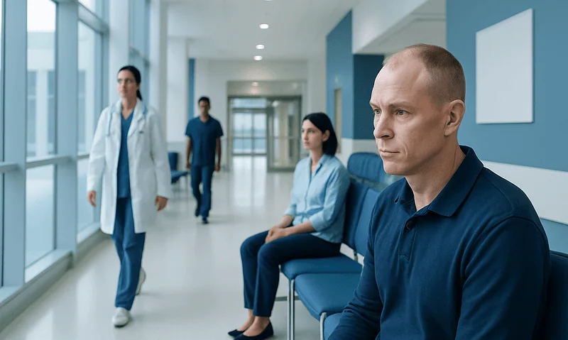 Patient waiting in hospital corridor at Acibadem Hospitals Group.