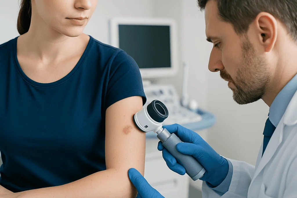 Doctor examining a skin lesion on a patient's arm with a dermatoscope.