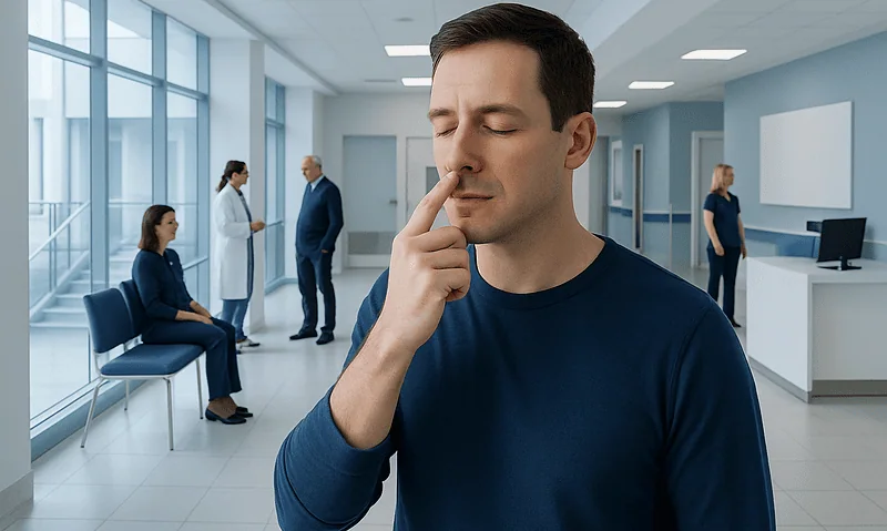 Man contemplating nasal issues in a hospital corridor.