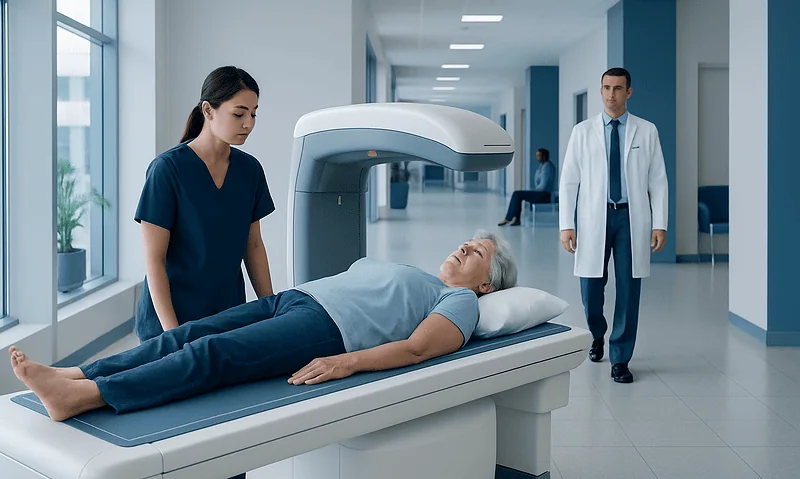Patient undergoing a DEXA scan at Acibadem Hospital for bone density assessment.