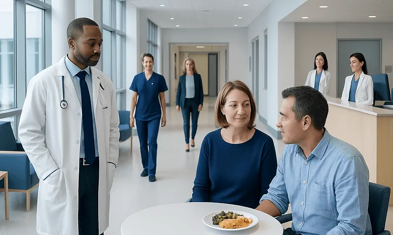 Doctor and patients in a hospital corridor discussing a meal plan.