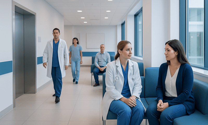 Medical team consulting in hospital corridor with patients and staff.