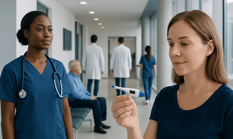 Healthcare professionals in a hospital corridor with a woman checking her temperature.