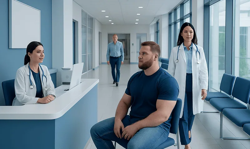 Medical consultation in a modern hospital corridor with doctors and patient.