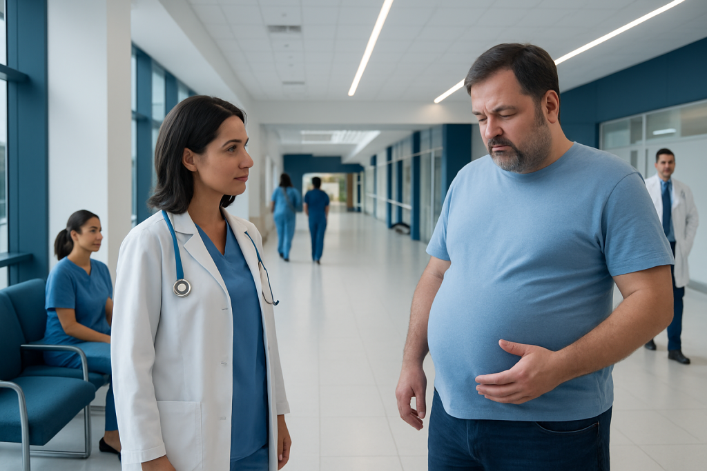 Distended Abdomen — Explained by Medical Evidence, Not Myths 1 Doctor consulting a man with distended abdomen in hospital corridor.