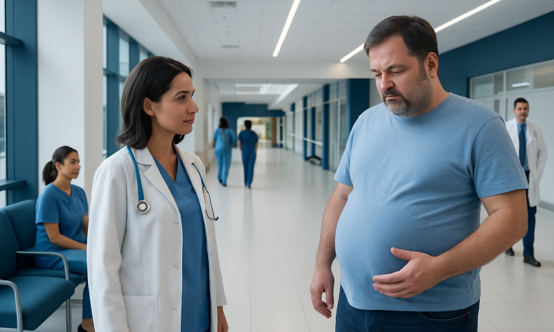 Doctor consulting a man with distended abdomen in hospital corridor.