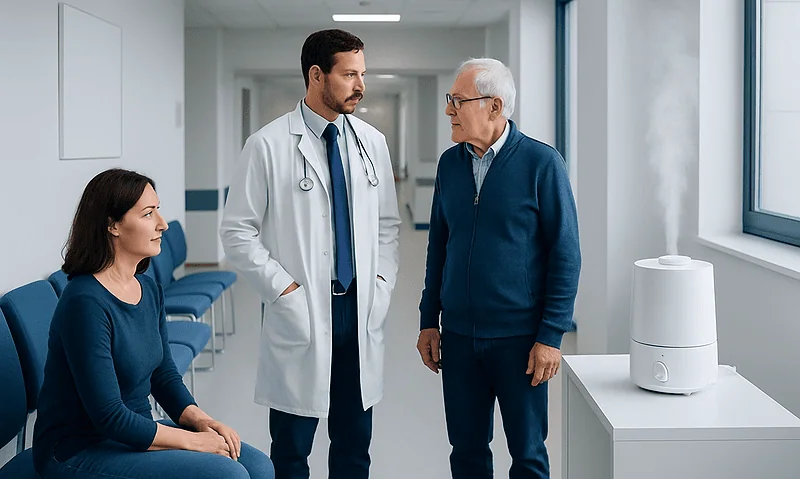Doctor consulting with elderly patient in hospital corridor.