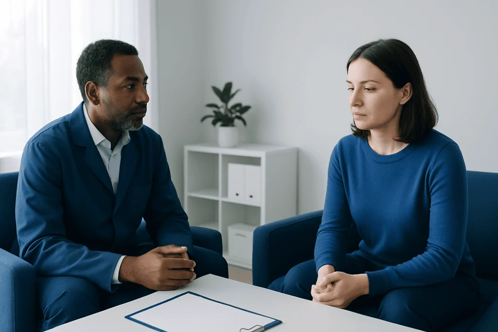 Therapist and patient in a counseling session at Acibadem Hospitals Group.