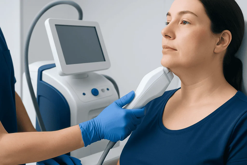 Medical professional performing ultrasound on woman's neck for double chin assessment.