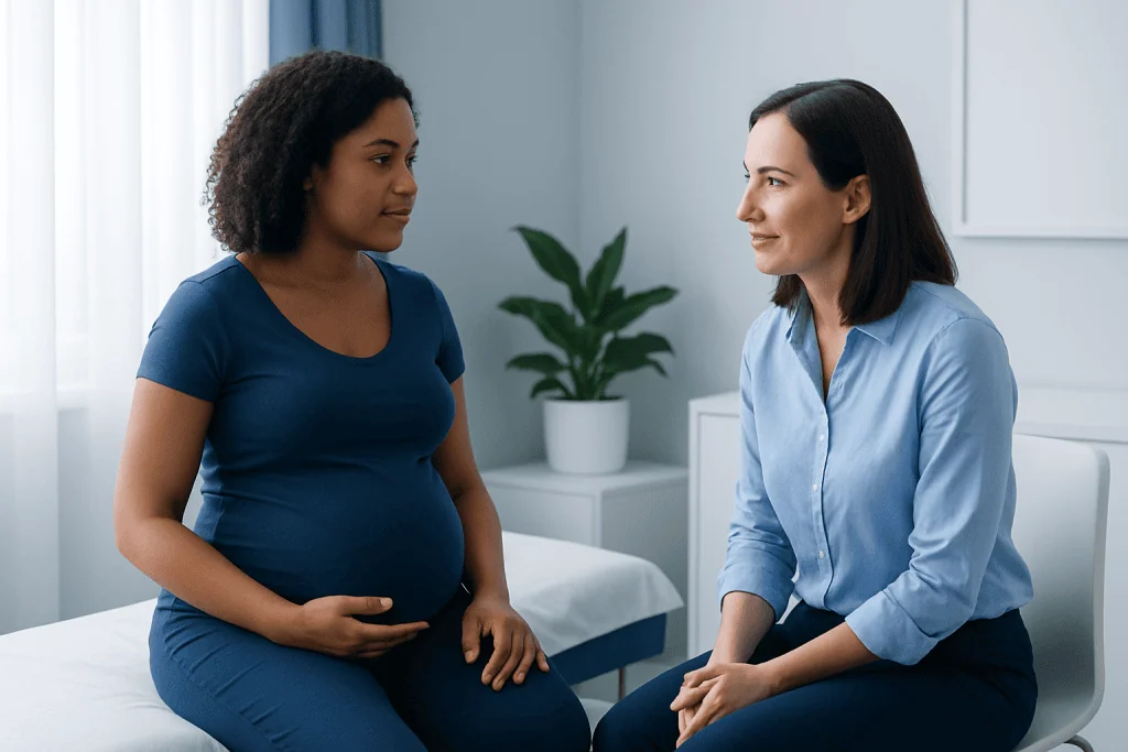 Pregnant woman consulting with a healthcare professional in a clinic.