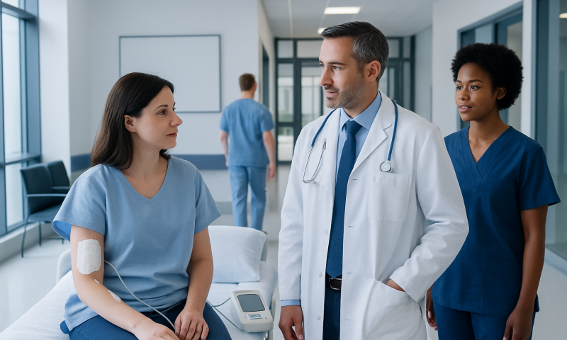 Medical consultation in hospital with doctor and nurses discussing patient care.