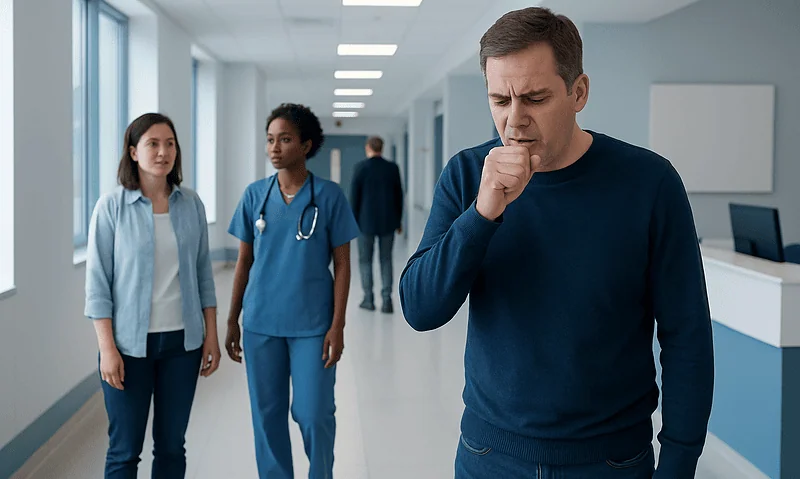 Man with cough in hospital corridor with healthcare professionals nearby.