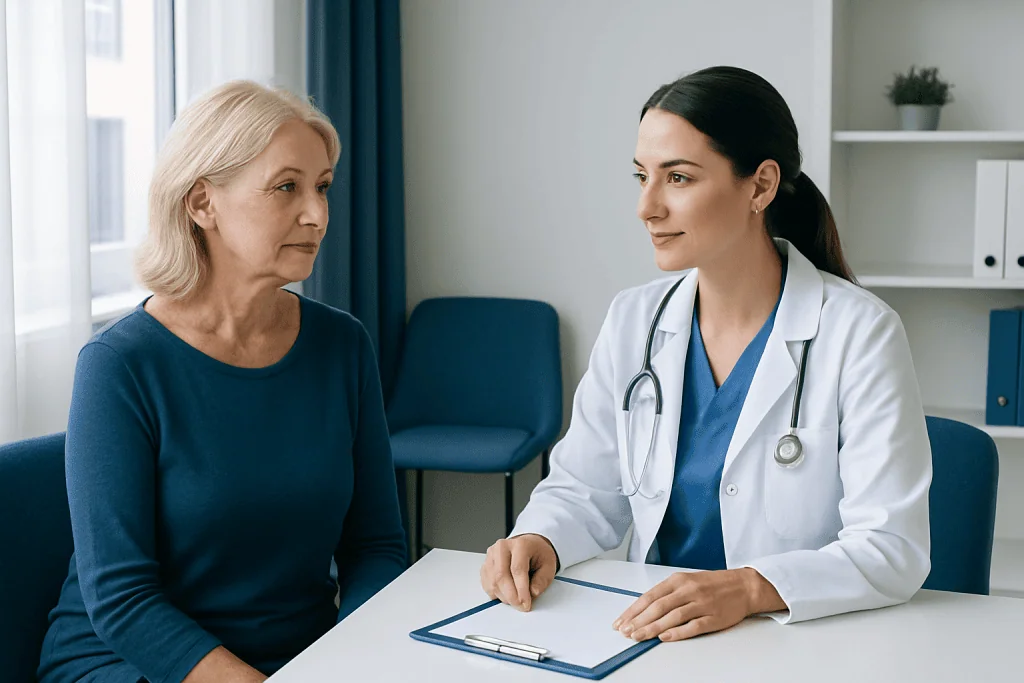 Doctor consulting with an elderly woman in a medical office.
