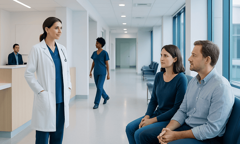 Doctor consulting with patients in a modern hospital corridor.