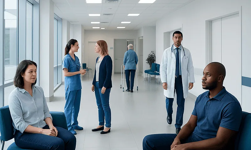 Patients and medical staff in a hospital corridor at Acibadem Hospitals Group.