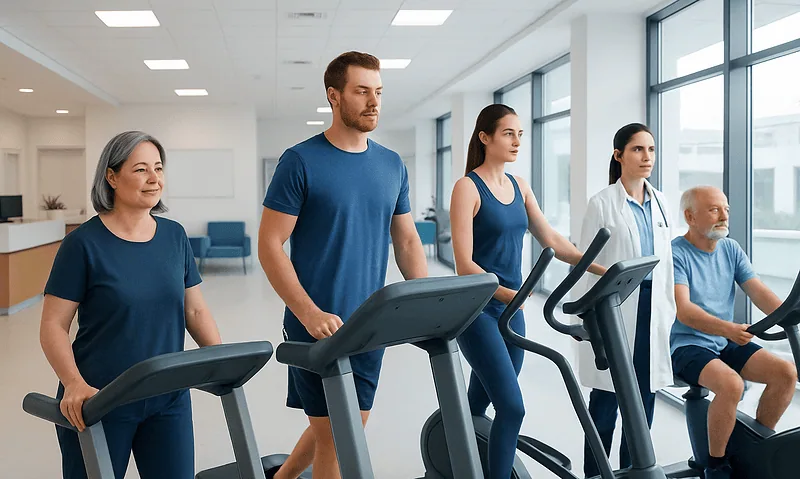 Patients exercising on treadmills at a modern fitness center.
