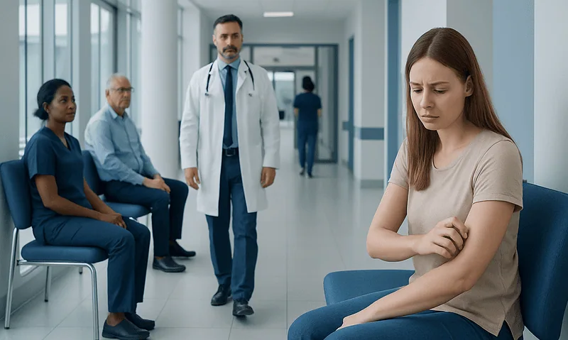 Young woman with arm pain in hospital waiting area.