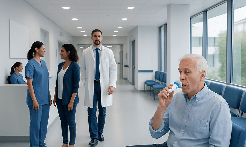 Hospital staff and patient in a modern medical facility corridor.