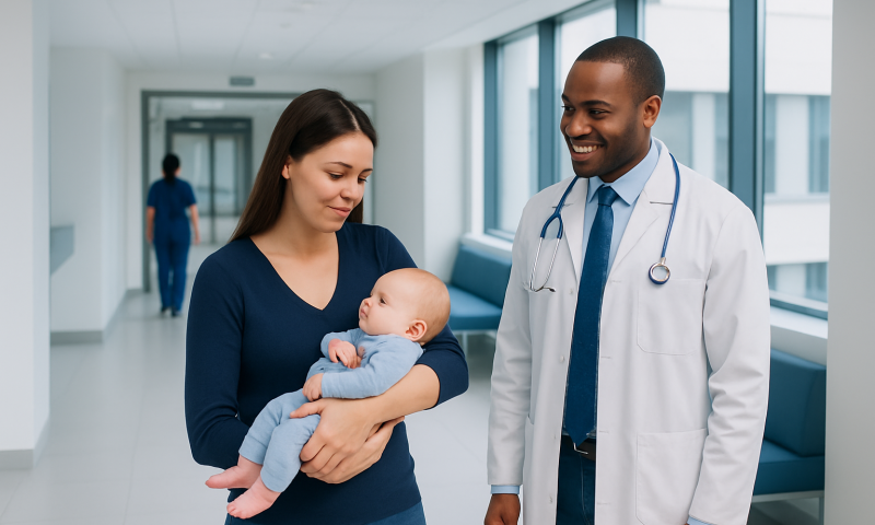 Mother holding baby in hospital corridor with doctor nearby.