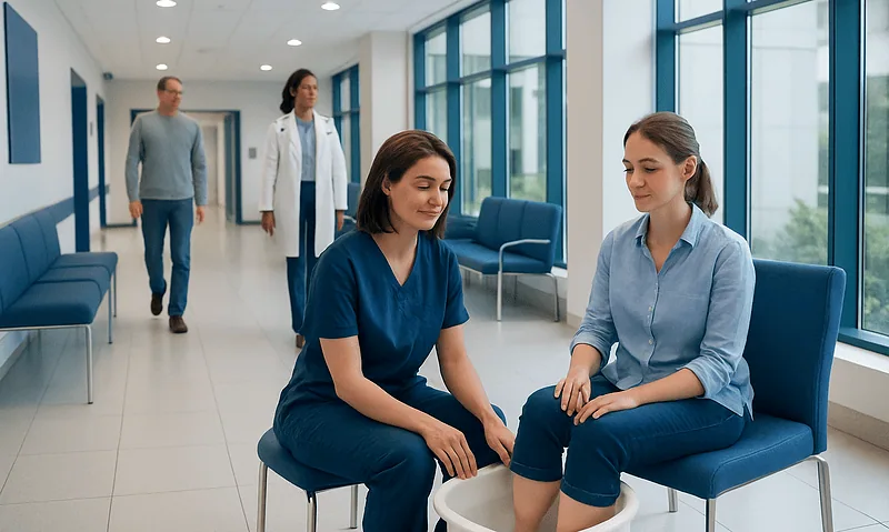 Medical professionals examining a patient's foot in a modern hospital corridor.