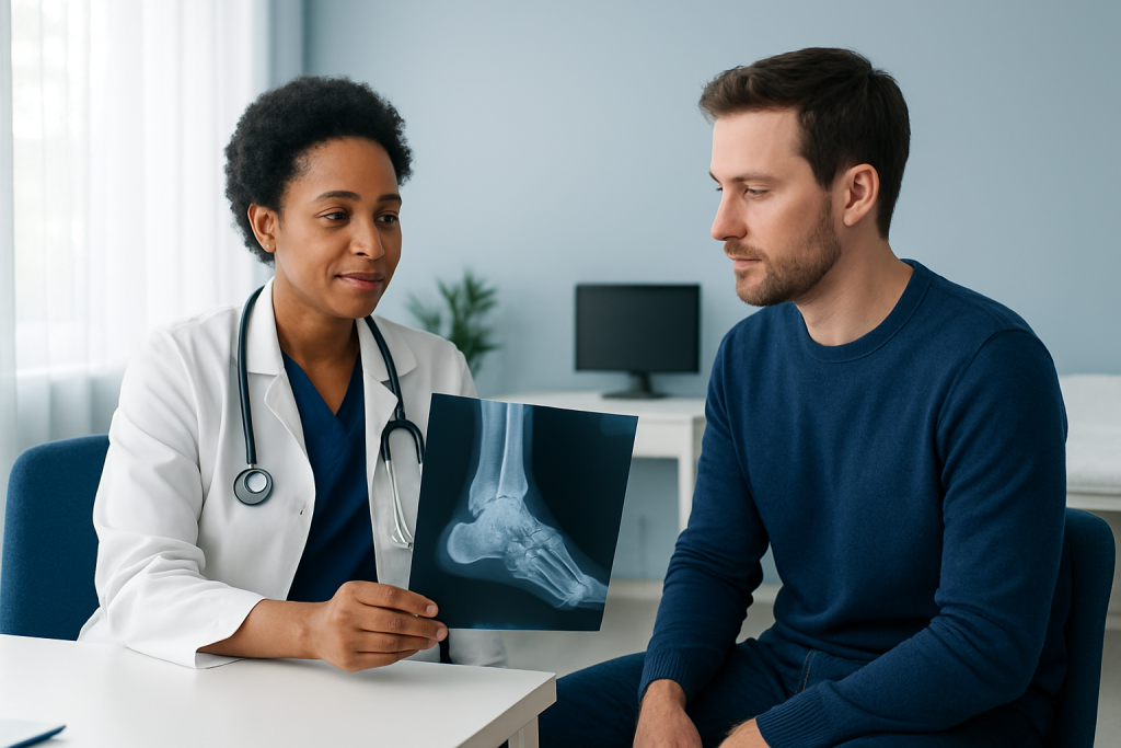Doctor explaining foot X-ray to patient in a medical consultation room.