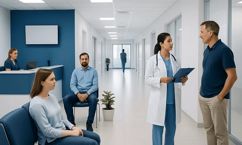 Medical consultation in a modern hospital corridor with healthcare professionals and patients.
