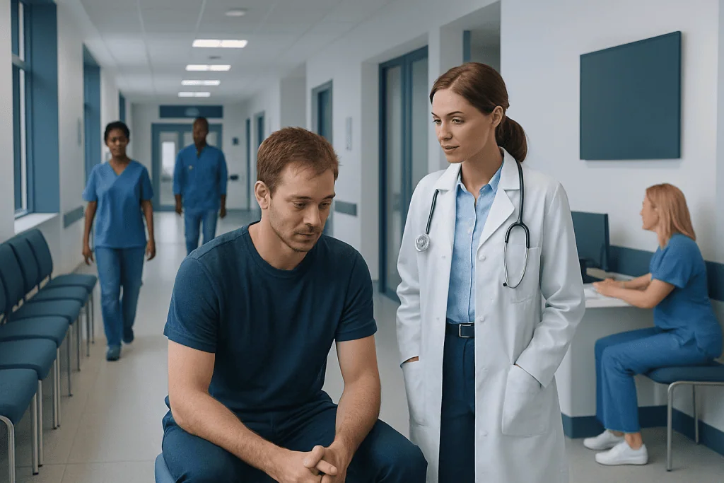 Friction Burn on Penis: An Evidence-Based Guide for Patients 1 Doctor consulting a patient in a hospital corridor with medical staff in background.