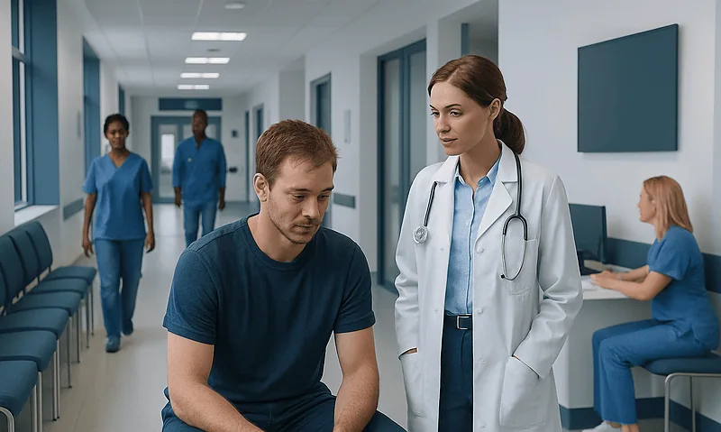 Doctor consulting a patient in a hospital corridor with medical staff in background.