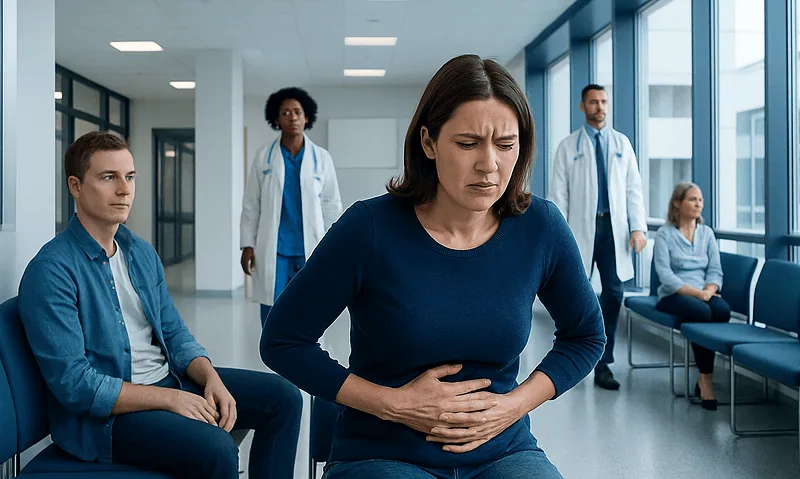 Woman experiencing stomach pain in a hospital waiting area with medical staff nearby.