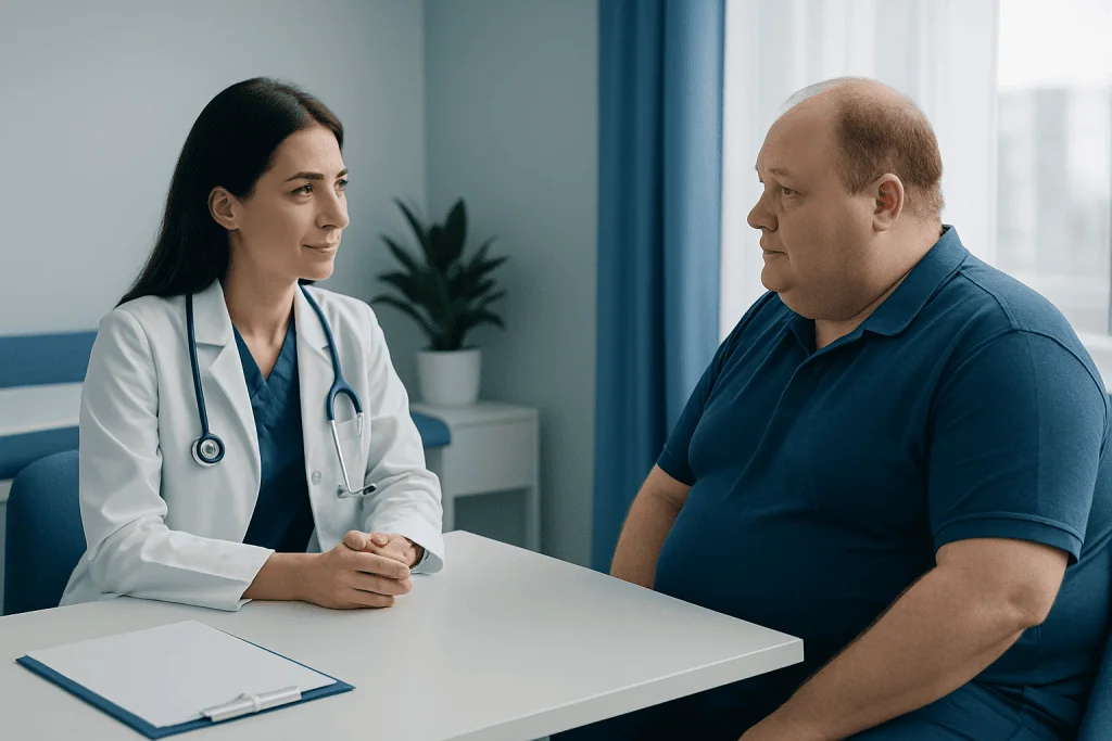 Doctor consulting with a patient about gastric bypass surgery costs in Turkey.