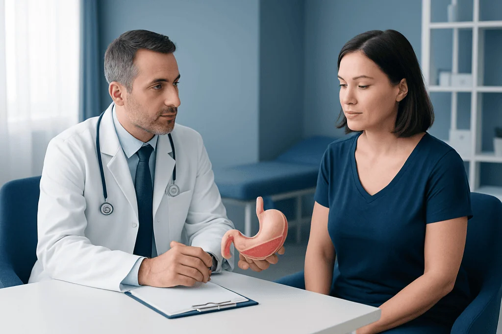 Doctor explaining gastric sleeve procedure to patient in consultation room.