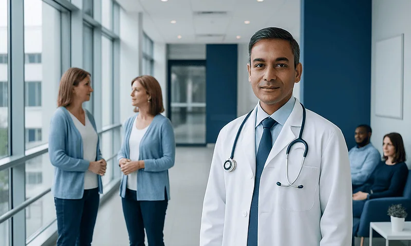 Doctor with stethoscope in hospital corridor with patients and visitors.
