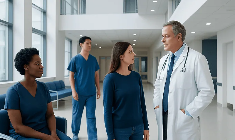 Doctor consulting with female patient in hospital corridor.