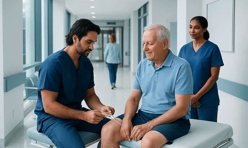 Doctor preparing injection for elderly patient in hospital corridor.