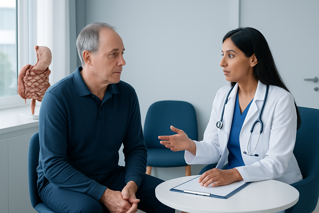 Gastroenterologist consulting with an older male patient in a clinic setting.