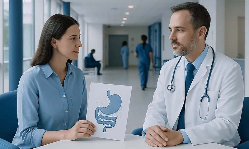 Doctor discussing gastrointestinal health with patient in hospital corridor.