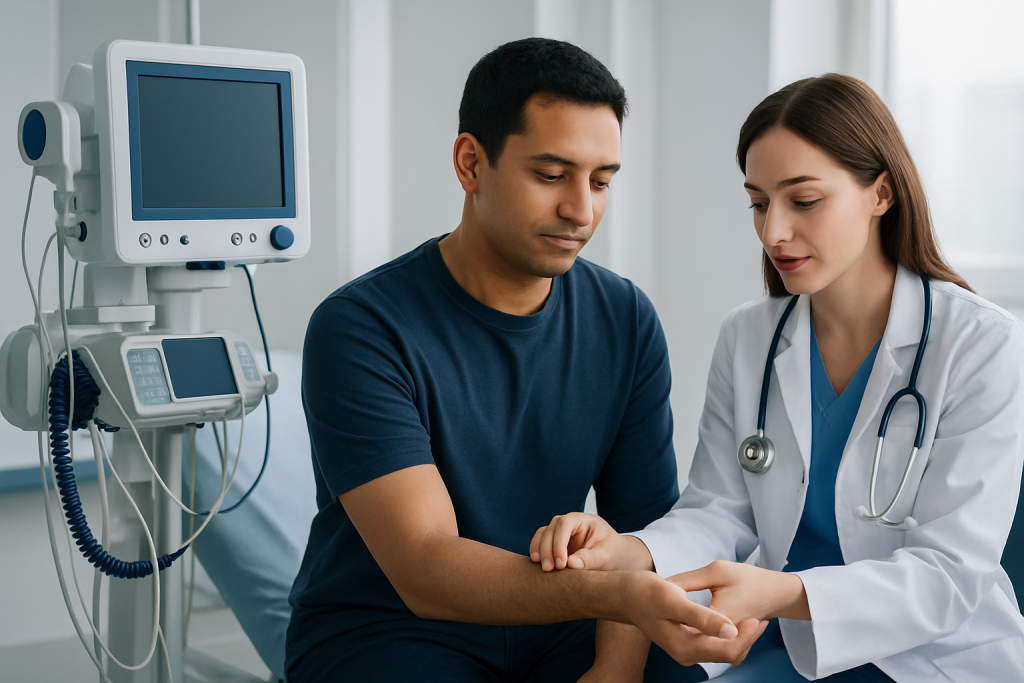 Doctor examining a patient's wrist in a hospital setting.