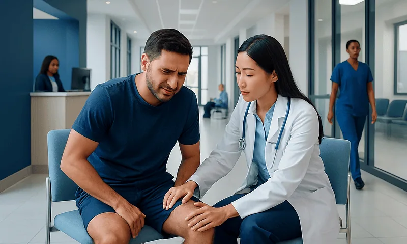 Doctor examining patient's groin area in hospital setting.