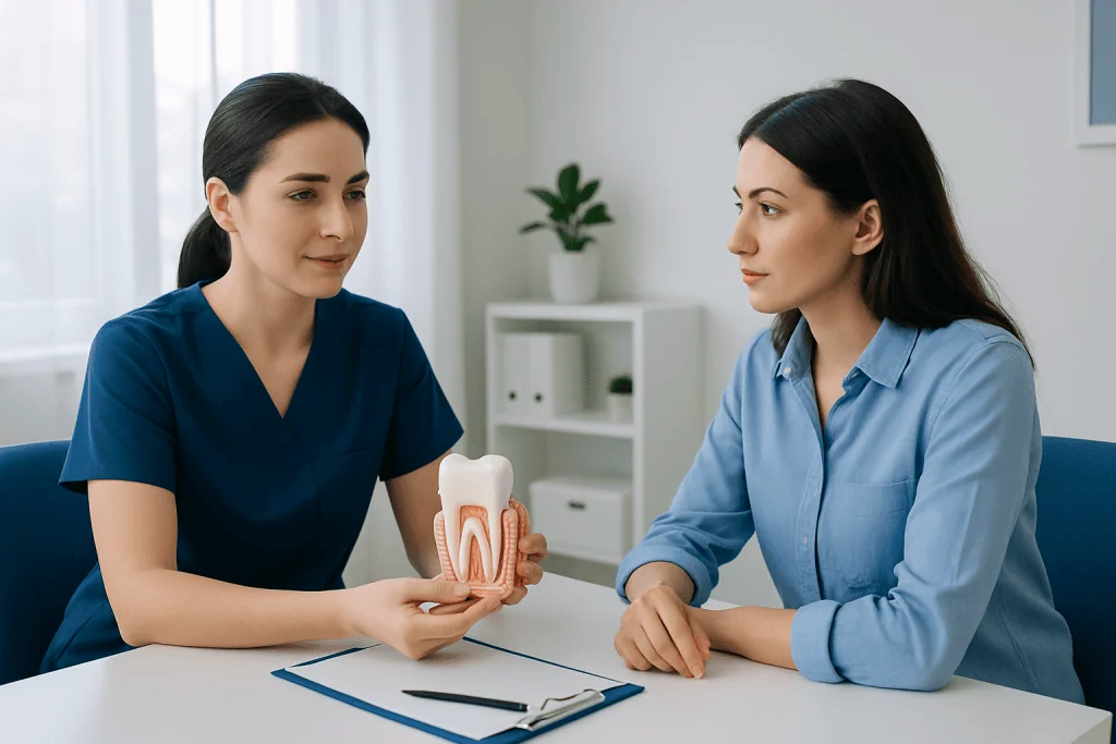 Dental consultation with a model of a tooth and gums in a clinic setting.