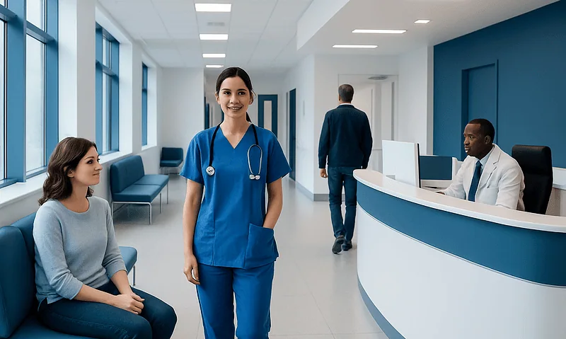 Healthcare professional smiling in hospital corridor with patient and receptionist.