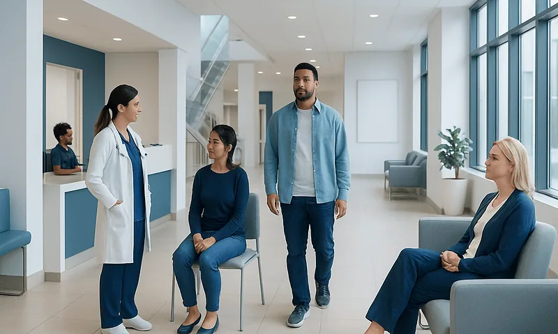Patients and doctor in a hospital waiting area at Acibadem Hospitals Group.