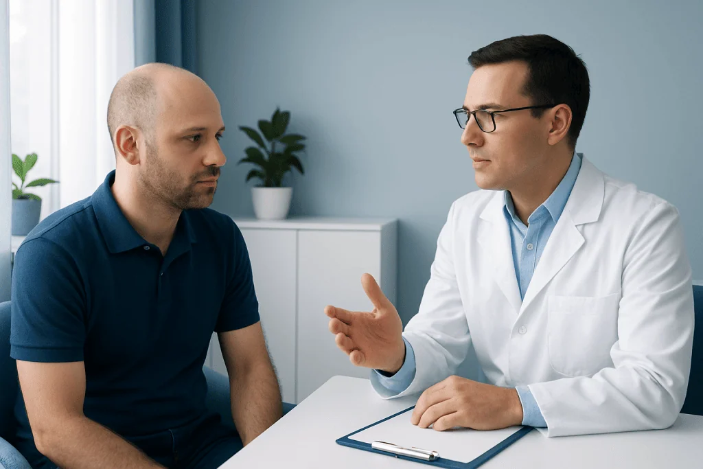 Doctor consulting with patient about hair loss treatment options.