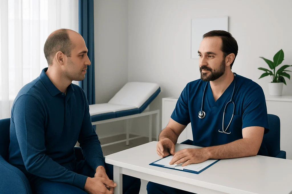 Doctor consulting with patient in a modern clinic setting.