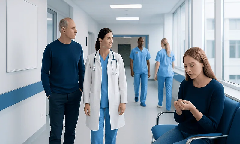 Medical team and patient in hospital corridor at Acibadem Hospitals Group.